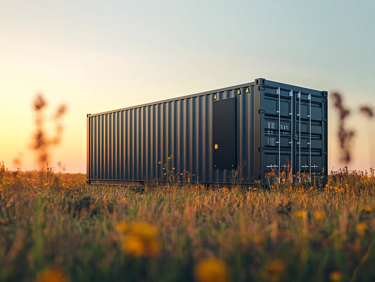 Afbeelding van de 4B Batterij, dit is een zeecontainer met daarin diverse loodbatterijen. Het product van 4B-Energy. De afbeelding is in een licht futuristische stijl.